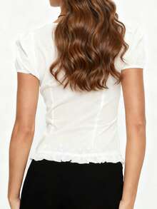 Women T-Shirt, Crew Neck Short Sleeve Ruffled Hollowed Summer Tops For Casual Daily - 白色 - 查看 6