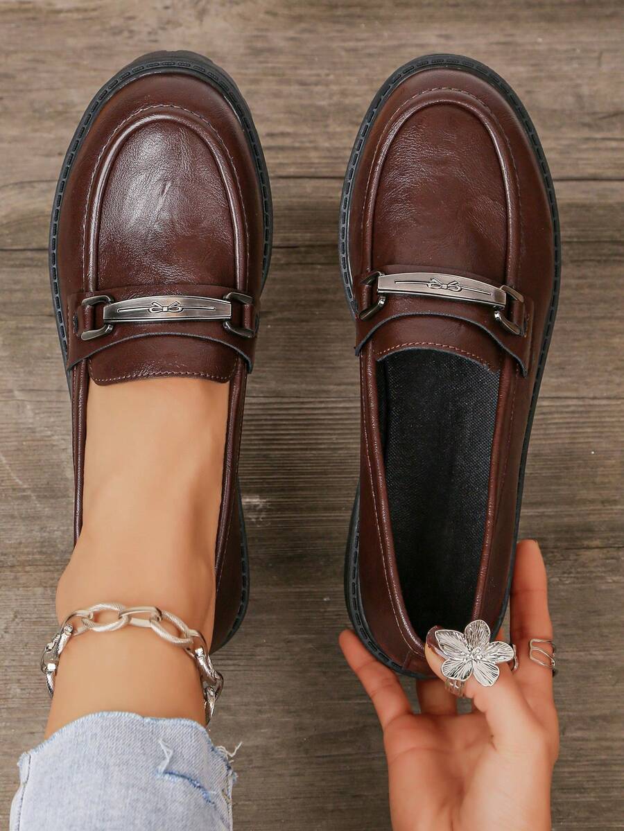 女士舒适套脚乐福鞋，厚底牛津鞋，英伦风厚底鞋，圆头，复古时尚厚底，皮革材质，适合音乐节、万圣节、圣诞节等场合。 - 咖啡棕 - 查看 1
