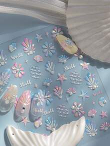 1 miếng dán móng tay 5D hình vỏ sò, ngọc trai, sao biển, sò điệp, lưới đánh cá, phong cách ven biển, tự dính, thích hợp cho nữ giới trang trí móng tay trong kỳ nghỉ hè, các bữa tiệc ngày lễ. - Nhiều màu - Xem 4