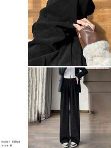 [Women's Winter Bottoms] Brushed Knit Pants, Autumn Knit Pants, Winter Straight Leg Slacks, Office Casual, Excellent Windproof And Heat Retention, Self-Heating - [歐棉絨加絨]黑色 - 查看 9