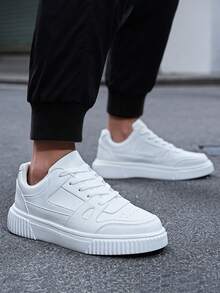 Men's White Leather Sneakers, Chunky Sole Casual Shoes - Minimalist Fashion Gift For Him - 白色 - 查看 3