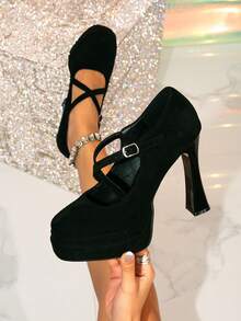 1双纯色通勤交叉厚底高跟鞋，户外四季通用高跟厚底时尚女鞋 - 黑色 - 查看 1