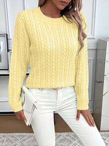 Spring Fall Cable Knit Crew Neck Sweater   Long Sleeve Tops Women  Sweaters For Women   Workout Tops Women - Yellow - View 3