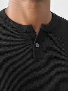 男士春夏亨利领无袖罗纹针织修身复古绅士风休闲百搭日常针织背心，设计师男士针织背心 - 黑色 - 查看 4