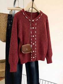 可爱柔软圆领针织开衫，2025春季新款休闲宽松毛衣 - 紅色 - 查看 1