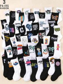 1/3/5/10/15/20 双装随机女士字母、涂鸦、机器人印花透气中筒袜，欧美街头风格 - 彩色 - 查看 22