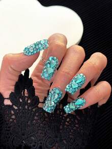 Y2K Square Nails Handmade Press-On Nails With Transparent Tips,Mint Blue Rhinestones & Sparkling Full-Coverage 3D Designs - Full Cover DIY Glitter Artificial Nails, False Nails For Parties, Outdoor, Beach, Daily, Holidays, Gatherings, Work & Special Events - 10 Pieces/Bag - Mint Blue - View 3