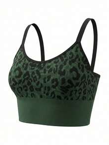 Oillpretty 1pc Green Leopard Print Sports Bra, Adjustable Spaghetti Strap, Medium Support, Comfortable Seamless Fabric, Suitable For Yoga, Fitness, Running, Low-Impact Sports And Casual Wear - Green - View 5