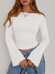 Fall New Arrival Women's Long-Sleeve Top Crop-Top Style Casual Outerwear Boat Neck With Bell Sleeves Ribbed Pleated Design Millennial-Inspired Fashion - 白色 - 查看 1