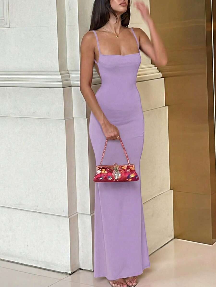 Women's Solid Color Slit Bodycon Backless Sexy Elegant Dress, Suitable For Night Out, Party, Club, Vacation, Beach, Casual Wear In Spring And Summer - Purple - View 1