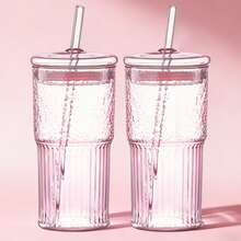 20oz Colored High Borosilicate Glass Cup Set, 2 Pieces With Lids And Straws, Stylish Striped Design, Suitable For Iced Coffee, Juice, Milkshakes, Cold Drinks, And On-The-Go Use-A Fashionable And Durable Drinking Cup..(Pink) - 粉色 - 查看 1