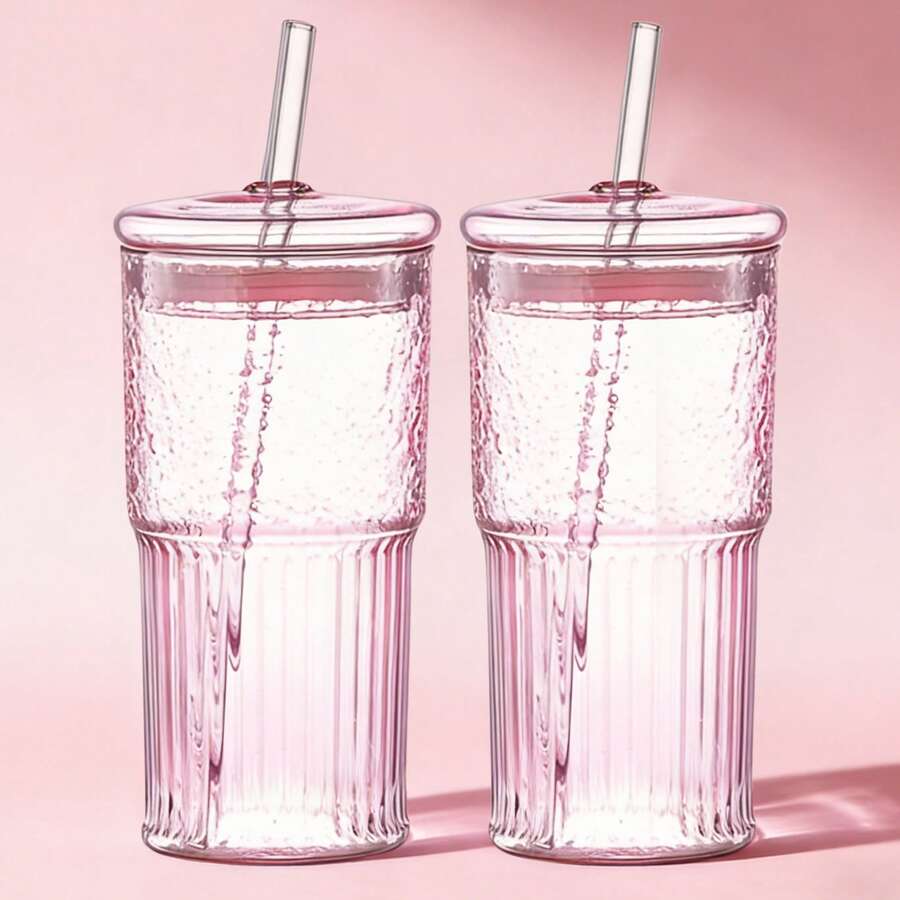 20oz Colored High Borosilicate Glass Cup Set, 2 Pieces With Lids And Straws, Stylish Striped Design, Suitable For Iced Coffee, Juice, Milkshakes, Cold Drinks, And On-The-Go Use-A Fashionable And Durable Drinking Cup..(Pink) - 粉色 - 查看 1