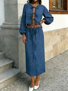 女士泡泡袖裹身式上衣搭配飘逸中长裙套装，休闲时尚，适合海滩、派对、办公室、秋季穿着。 - 藍色 - 查看 4