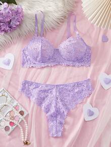 Lace Trim Sexy Lingerie Set For Women - Lilac Purple - View 3