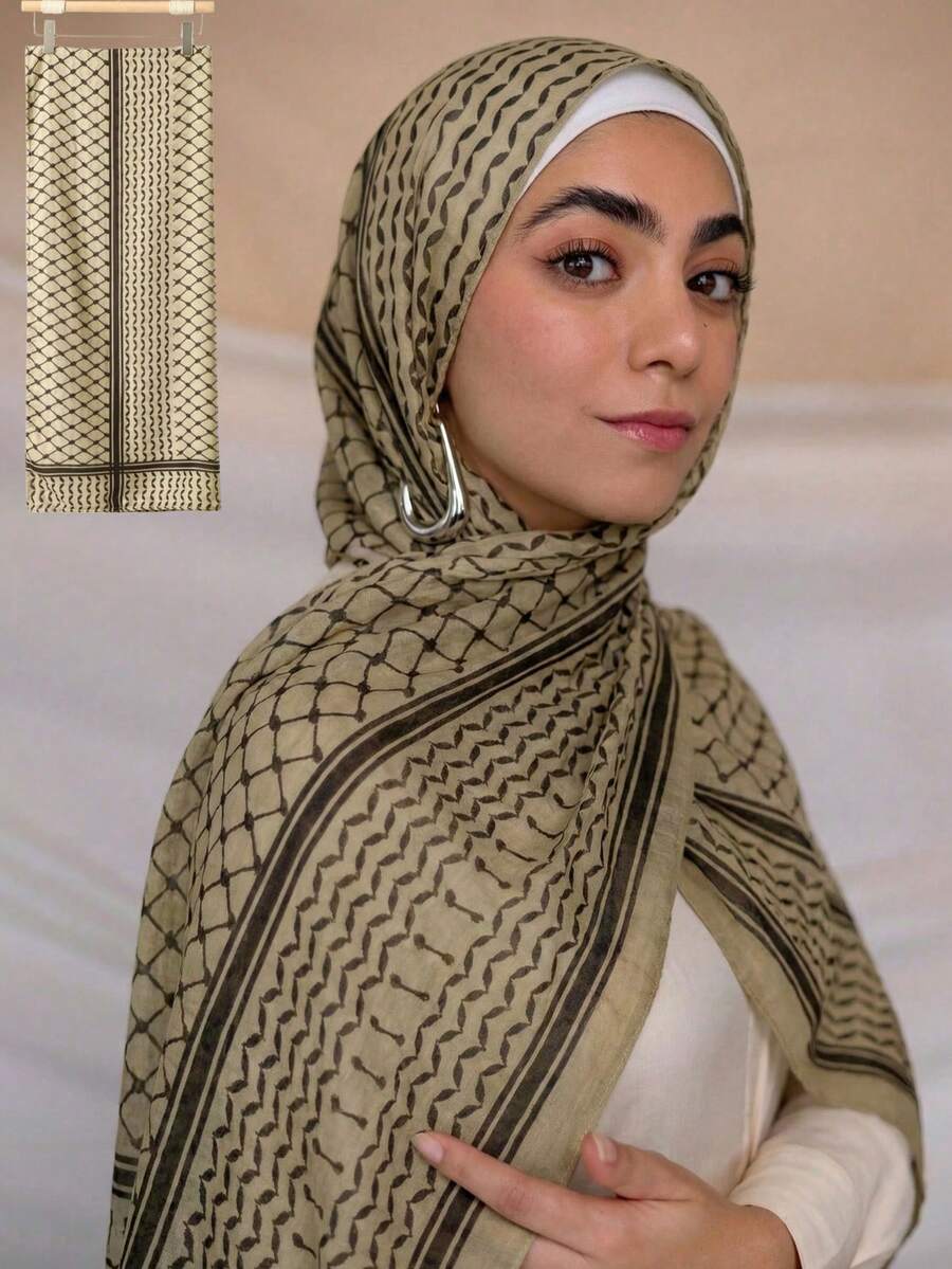 1pc Women's Middle Eastern Geometric Print Scarf, Fashion Minimalist Casual Geometric Print Headscarf, Multi-Functional Sun Protection Printed Hijab, Windproof Desert Shawl Suitable For Travel, Photography, All Seasons - Multicolor - View 1