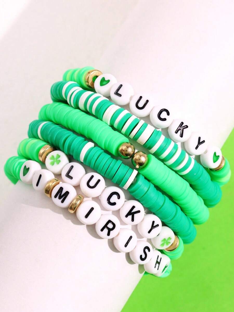 6pcs/Set Bohemian Style Elegant Fashion Personalized Design Green Soft Clay Lucky Clover Bracelet Set, Unisex, Suitable For St. Patrick's Day Party Jewelry - Multicolor - View 1