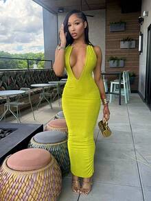 Vestidos Elegantes De Mujer Wedding Guest Dress Women Formal Dresses For Women Prom Dress  Prom Dresses For Women Dresses For Women Wedding Guest Sexy And Form-Fitting Deep V-Neck Metal Halter Long Dress - màu xanh lá - Xem 2