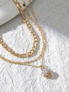 Tkool 3pcs/Set Multi-Layer Necklace, Fashionable Thick Flat Chain Design, Copper Water Drop Cubic Zirconia Inlaid, Suitable For Women To Wear On Beach Vacation - Yellow Gold - View 1