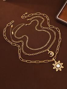 3件套优雅不锈钢女士项链套装，饰有雪花、星星和月亮元素，适合女性日常佩戴、节日、情人节、约会、订婚、婚礼等场合搭配。 - 金色 - 查看 2