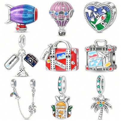1. 镀银旅行系列 - 旅行吊坠，配有安全链 - 风车彩虹吊坠、浪漫热气球珠、飞行热气球珠、趣味行李箱珠、红色行李箱珠、自由飞行珠、冒险家背包挂饰、趣味椰子树挂饰。非常适合搭配原创蛇骨链手链、项链和串珠，DIY 制作珠宝。送给闺蜜的奢华礼物。