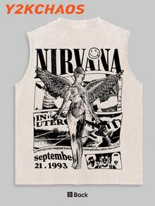 Y2KCHAOS 250g Washed Pure Cotton Vest Men's Vest Grunge Rock Style Vintage Band Artwork  Inspired Graphic Sleeveless Top For Music Lovers And Casual Wearers With Bold Print Design - 杏色 - 查看 2