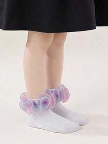 1双纯棉儿童蕾丝边短袜，蓬松蕾丝网眼女童蕾丝边袜，可爱公主舞蹈袜 - 白色 - 查看 6