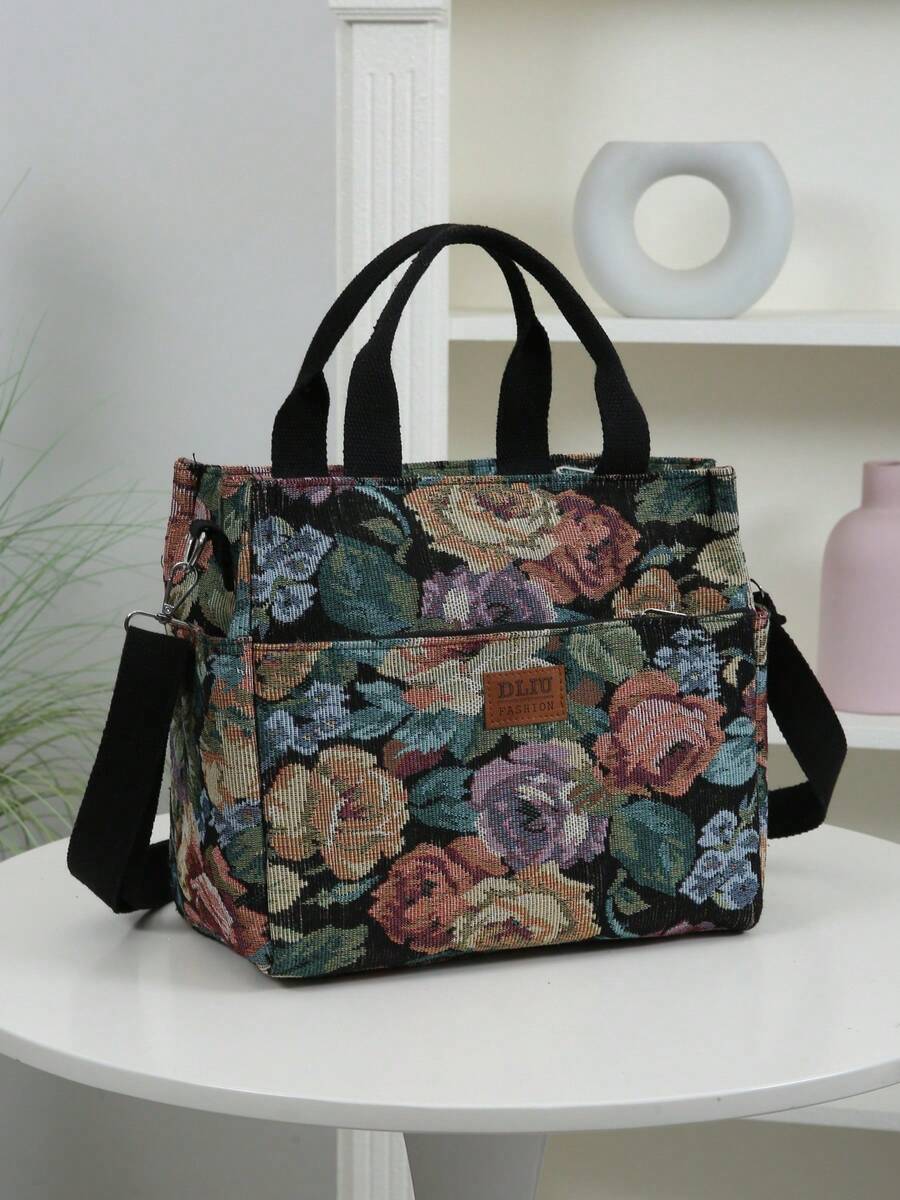Sản phẩm mới, chất liệu vải jacquard dày dặn, họa tiết hoa, túi xách tay, túi đeo vai, túi đeo chéo, túi mua sắm tiện dụng cho công sở, trường học, hoạt động ngoài trời, du lịch, sử dụng hàng ngày. Có thêm dây đeo điều chỉnh được, dung tích lớn, nhiều ngăn.