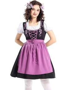 女士慕尼黑啤酒节服装，包含围裙，德国巴伐利亚风格连衣裙，适合狂欢节、万圣节、女仆装扮派对等场合。 - 紫色 - 查看 4