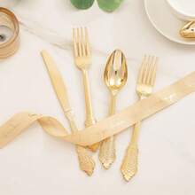 120pcs Vintage Plastic Silverware Set, High-Quality Disposable Heavy-Duty Cutlery Set With Retro Pattern, Suitable For Large Events, Parties, Weddings, Birthdays, Galas, New Year - Gold - View 4