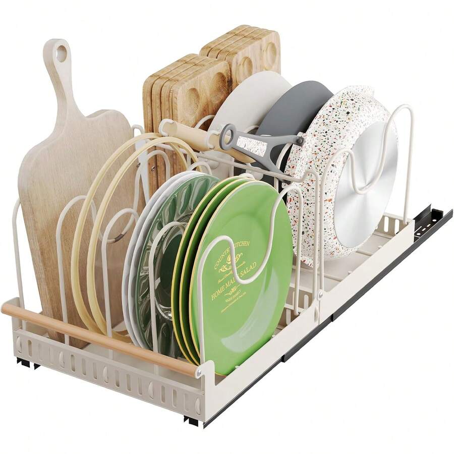 Organizador de Sartenes y Ollas para Cajon, Extraibles para Organizador de Sartenes, de madera, 9 Compartimentos Ajustables, Porta Sartenes de Cocina con Adhesivo, 54.5*27.4*22.5,Blanco - 9 Compartimentos Blanco - Ver 1