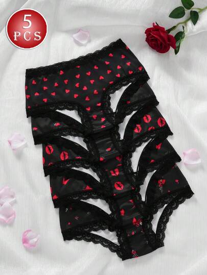5件装女士内裤，心形、草莓、嘴唇印花、蝴蝶、花卉多色印花性感内衣，黑色蕾丝拼接，舒适女士内裤