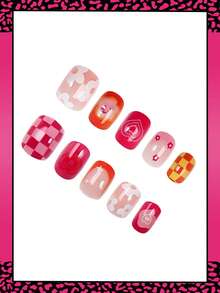 24片情人节短方形美甲贴片，新年粉色格子图案，包含爱心、花朵、星星、樱桃和法式美甲贴片，短款全覆盖亮面假指甲套装，包含：1片果冻胶和1个指甲锉，易于佩戴，适合日常佩戴，法式美甲贴片，适合女性和女孩的日常生活 - 彩色 - 查看 3