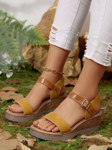 沙滩魔术贴轻便后跟带时尚女凉鞋，坡跟增高凉鞋，乡村风格编织皮革搭扣镂空女鞋 - 黃色 - 查看 2