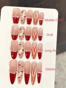 10片装中号棺材形/椭圆形/长椭圆形/尖头手工按压式美甲贴片，适合派对和日常佩戴。“粉红玫瑰”底色红色爱心钻石装饰，中号棺材形/椭圆形/长椭圆形/尖头美甲贴片，易于佩戴。10片装Y2K手工按压式美甲贴片，适合女孩和女士参加节日派对和日常佩戴。美甲用品 - 紅色 - 查看 23