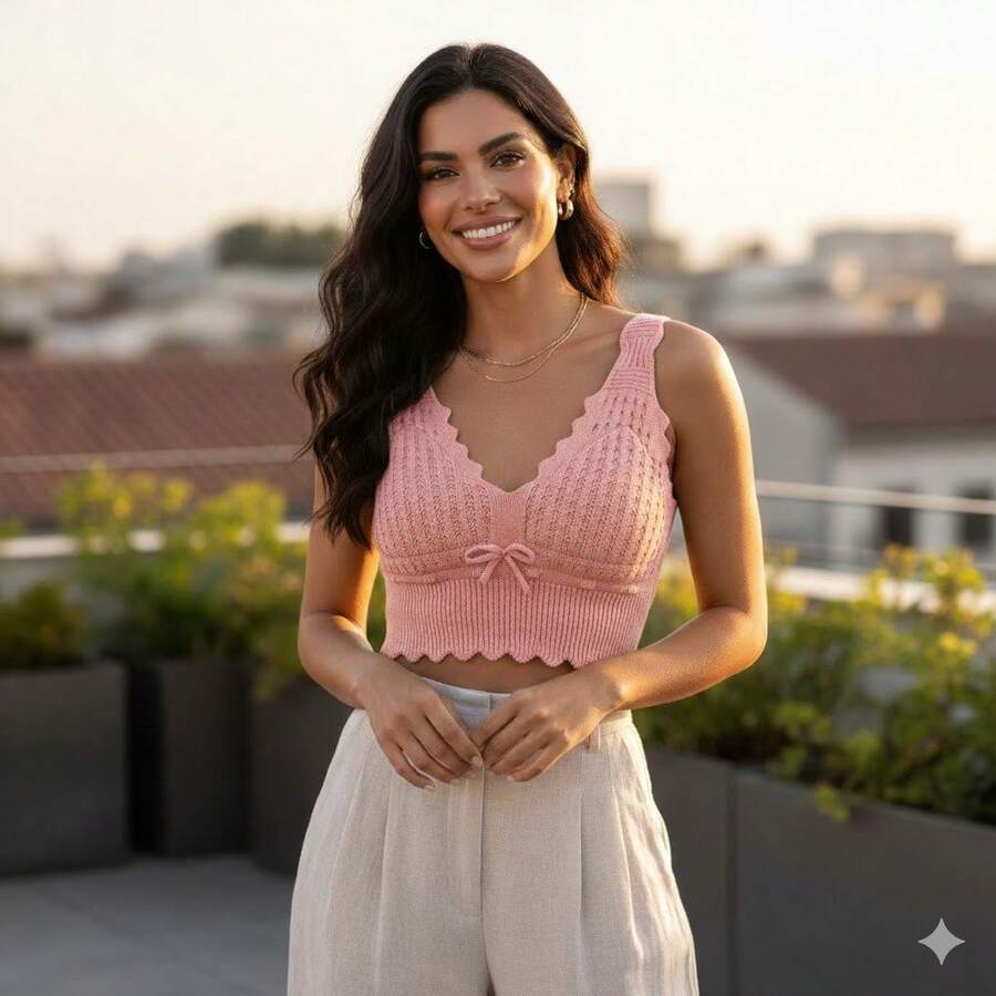 Modal Knit Top With Padded Cups, Cropped, Stylish Beachwear - Baby Pink - View 1