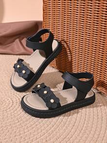 "Infant Girls Floral Pearl Sandals – Adjustable Ankle Strap, Soft Padded Footbed, Non-Slip Thick Sole, Cute Summer Baby Footwear" - Black - View 1