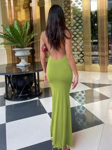 女士纯色开衩修身露背性感优雅连衣裙，适合春夏夜晚外出、派对、夜店、度假、海滩休闲穿着。 - 綠色 - 查看 2