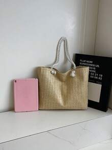 大容量草编手提包，女士新款夏季多功能单肩包，适合海滩、度假、通勤等场合。 - 彩色 - 查看 4