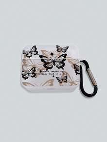 Butterfly Print Semi-Transparent White Bluetooth Earphone Protective Case With "Addn Length Of Ribbon Tied In A Bow" Romantic Slogan, Comes With 1 Black Carabiner, Compatible With AirPods Pro (3rd Gen), Pro (2nd Gen), 3, Pro - Clear - View 10