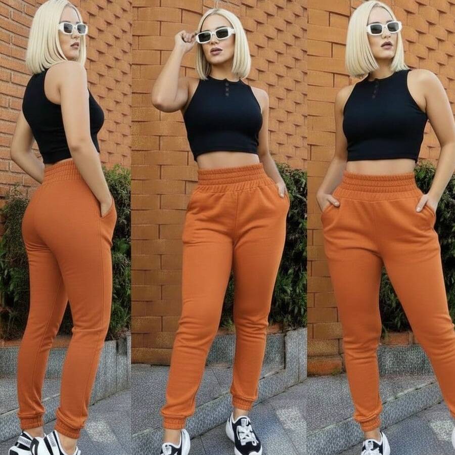 Women's Thick Jogger Sweatpants With High Waist - Burnt Orange - View 1