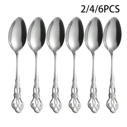 2/4/6pcs Stainless Steel Dessert Spoons, Vintage Handle, Suitable For Cafes, Dessert Shops, Afternoon Tea