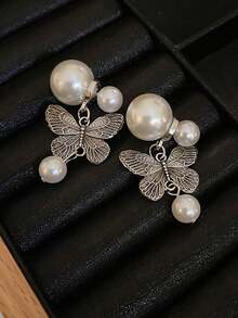 1 Pair Minimalist Elegant Butterfly Stud Earrings, Fashion Personalized Design, Suitable For Women Everyday And Holiday Wear - Silver - View 3