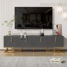 TV Unit, Low Side Panel With Grained Doors, TV Unit, Gold Handles And Gold Legs. - Grey - View 1