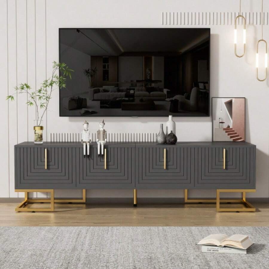 TV Unit, Low Side Panel With Grained Doors, TV Unit, Gold Handles And Gold Legs. - Grey - View 1