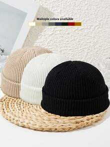 1 pieza Gorro tipo Beanie liso unisex, gorra de punto acrílica casual para exteriores y streetwear, unicolor, otoño/invierno (consulte los detalles de talla para la medida de la circunferencia de la cabeza) - multicolor - Ver 7