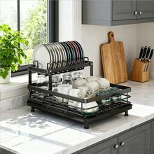 Dish Drying Rack, 2 Tier Dish Rack With Utensil Holders, Small Stainless Steel Dish Racks For Kitchen Counter, Heavy Duty Dish Drainers For Kitchen Counter And Sink, Suitable For Mugs, Dinner Plate, Room Decor, Valentine's Day Black - 黑色 - 查看 6