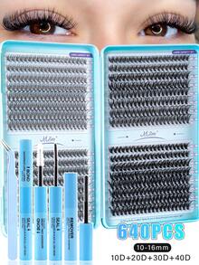 640/528pcs D-Curl Fluffy False Eyelashes Set, Includes Beginner Eyelash Tutorial, Thick 3D Segmented False Eyelashes With Glue, Remover, Sealer, Tweezers, Lash Brush, Enlarges Eyes, Lightweight & Reusable, Large Capacity Individual Lashes, Soft Natural Mixed Lashes, Creates 3D Volumized Eye Makeup, Suitable For DIY At Home, Travel, Daily Commute, Evening Party, Wedding Bride Makeup, Etc. - 黑色 - 查看 3