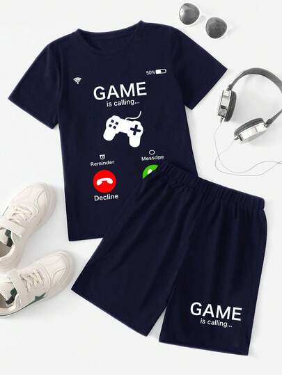 Tween Boys Cartoon Print Short Sleeve T-Shirt And Shorts