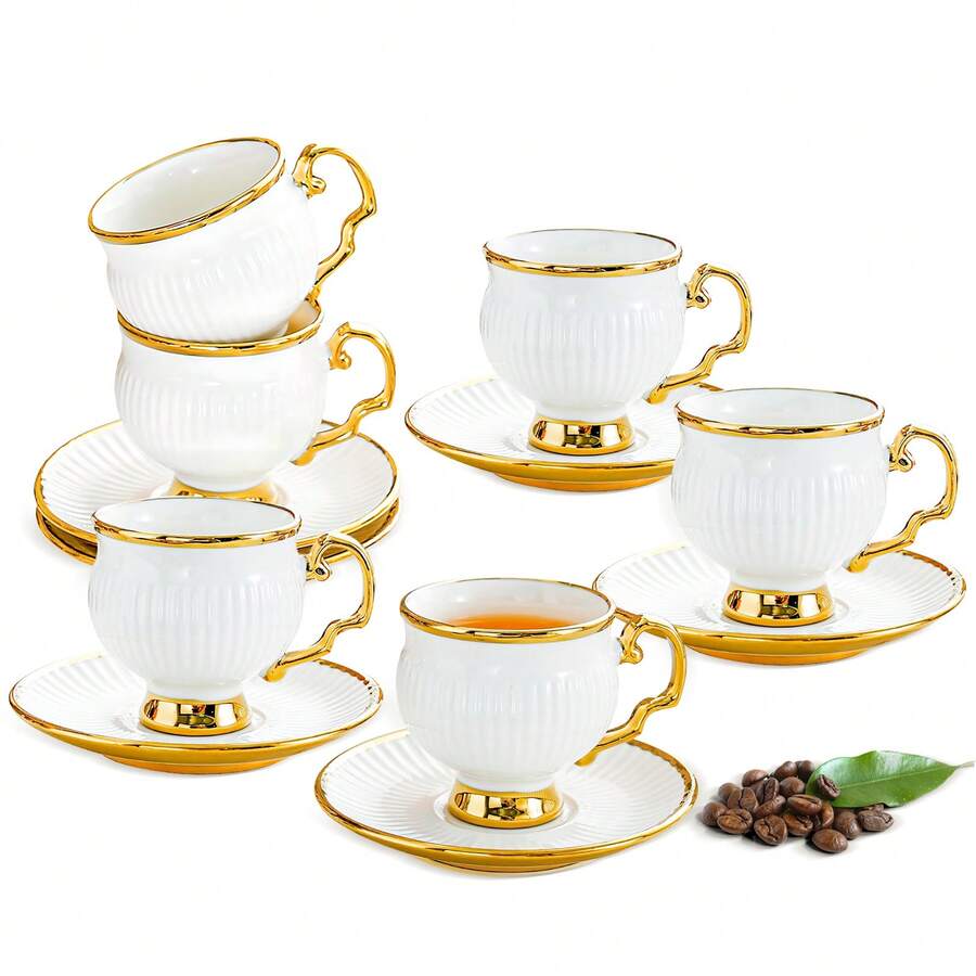 Porcelain Coffee Cups And Saucers Set Of 6 | 3.38oz Ceramic Cups For Cappuccino, Latte, Mocha, Tea - A - View 1