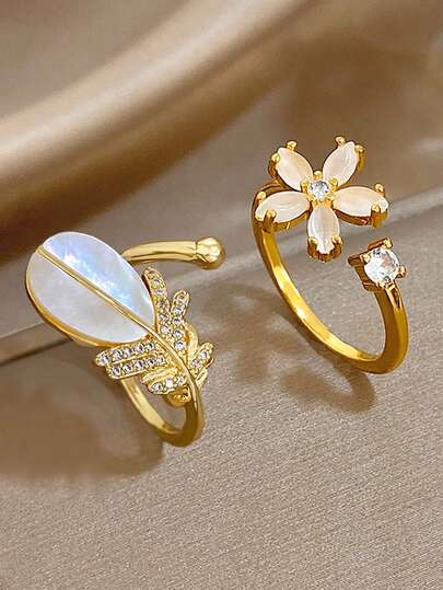 18Kゴールドメッキ 変色防止 エレガントな羽根 花 ジルコニア アジャスタブルリングセット、ヴィンテージジュエリー、バレンタインデー、パーティー、イブニング、デイリー、デート、新年、結婚式、ビーチ、記念日、エレガントなマザーズギフト、ボヘミアンスタイルジュエリー ブライズメイドギフト、ロイヤルエレガントアクセサリーセット